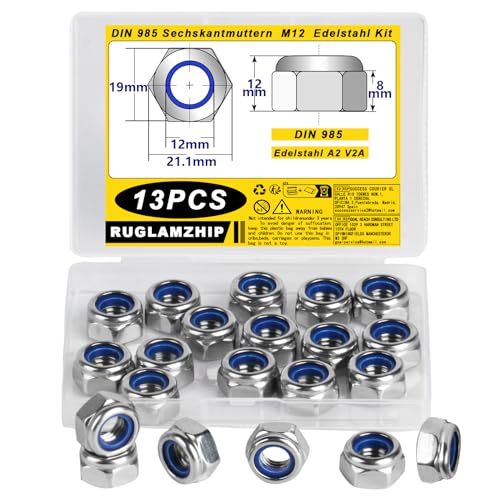 13 STK M12 Muttern Set, Selbstsichernde Muttern, DIN 985 Mutter M12 Edelstah Standard A2 V2A Muttern, Metrisch Sechskantmuttern M12, Sicherungsmuttern M12, Stopmuttern, Kontermuttern, Schraubmutter von RUGLAMZHIP