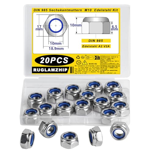 20er Set Selbstsichernde M10 Edelstahl Muttern, DIN985 Standard A2 V2A, Metrisch Sechskant, Sicherungs- und Stopmuttern von RUGLAMZHIP