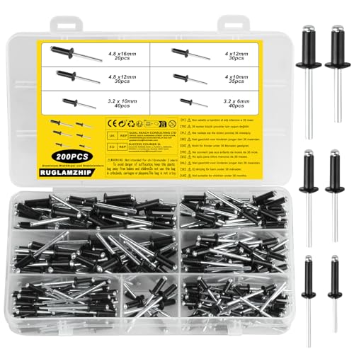 200 Stück Blindnieten Alu Nieten Popnieten Set, Aluminium Blindnieten Set, Blindniet mit Großem Flansch, Pop Nieten Stahlniete, Alu Blindnieten Sortiment für Blindnietzangen, Schwarz/Silver von RUGLAMZHIP