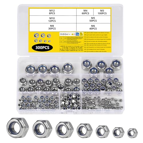 300 Stück Sicherungsmuttern M3 M4 M5 M6 M8 M10 M12, Sechskantmuttern DIN 985 Edelstahl Nylon Selbstsichernde Muttern, Stopmuttern, Metrische Klemmmuttern Set, Stoppmuttern mit Klemmteil von RUGLAMZHIP