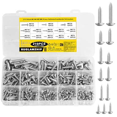 210 Stück M3 M4 M5 M6 Blechschrauben Selbstschneidende Schrauben, Kreuzschlitzschrauben mit Flachem Kopf Flachkopfschrauben, Rundkopfschrauben Geräteschrauben Sortiment Set, Linsenkopfschrauben von RUGLAMZHIP