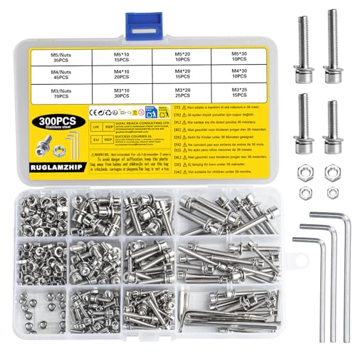 300 Stk M3 M4 M5 Schrauben Set,Zylinderschrauben mit Innensechskant Schrauben Muttern Set,Edelstahl Sechskantschrauben mit Muttern Unterlegscheiben Set,Gewindeschrauben Maschinenschrauben Sortiment von RUGLAMZHIP