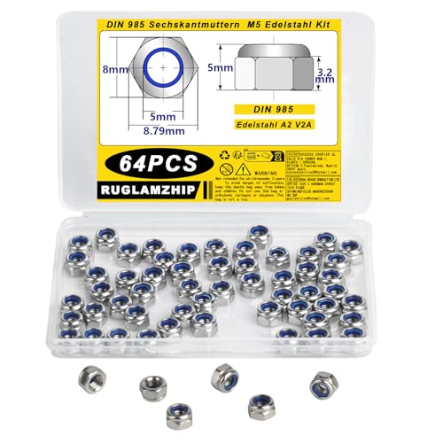 64 STK M5 Muttern Set, Selbstsichernde Muttern, DIN985 Mutter M5 Edelstah Standard A2 V2A Muttern, Metrisch Sechskantmuttern M5, Sicherungsmuttern M5, Stopmuttern, Kontermuttern, Schraubmutter von RUGLAMZHIP