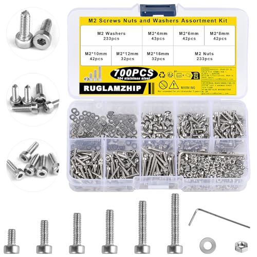 700 STK M2 Schrauben Set, Sechskantschrauben Muttern Set, Edelstahl Zylinderschrauben mit Innensechskant Schrauben mit Muttern Unterlegscheiben Sortiment Kit Maschinenschrauben Gewindeschrauben Set von RUGLAMZHIP