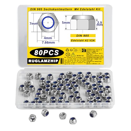 80 STK M4 Muttern Set, Selbstsichernde DIN985 Edelstahl A2 V2A Sechskantmuttern, Metrisch, Sicherungs-, Stop- und Kontermuttern von RUGLAMZHIP