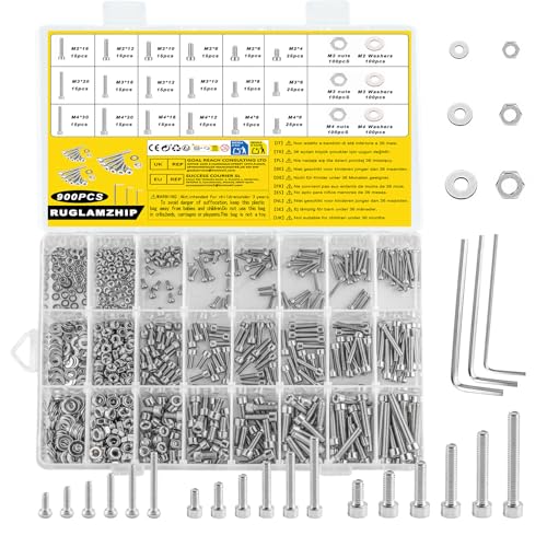 900 Stk M2 M3 M4 Schrauben Set, Innensechskantschrauben Muttern Set, Zylinderkopfschrauben und Muttern Set, Edelstahl Maschinenschrauben mit Muttern Unterlegscheiben Set, Gewindeschrauben Sortiment von RUGLAMZHIP