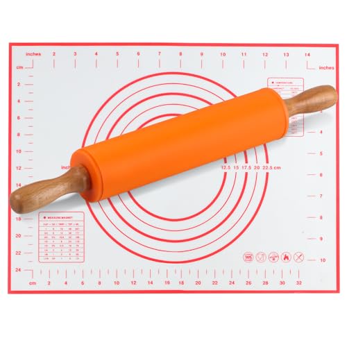 Nudelholz Silikon Teigroller mit Holzgriff, Antihaft Teigrolle, 30.5cm Nudelhölzer zum Backen für Pizza Nudelteig Kuchen Fondant Cookie Gebäck, Backrolle mit Backmatte(30x40cm) (Orange) von RUGLAMZHIP
