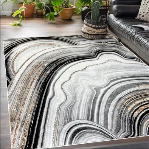 RUGMRZ Anti Rutsch Teppich Esszimmerzubehör 170x240CM cool Waschbarer Grau Schwarzer abstrakt gestreifter fußmatte innen Büro Bodenmatte von RUGMRZ