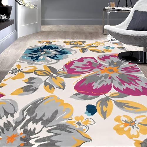 RUGMRZ Anti Rutsch Teppich für Balkon 120x160cm,Beige,Blumenmuster für Bettumrandung,Terrasse,Kinderzimmer Mädchen von RUGMRZ