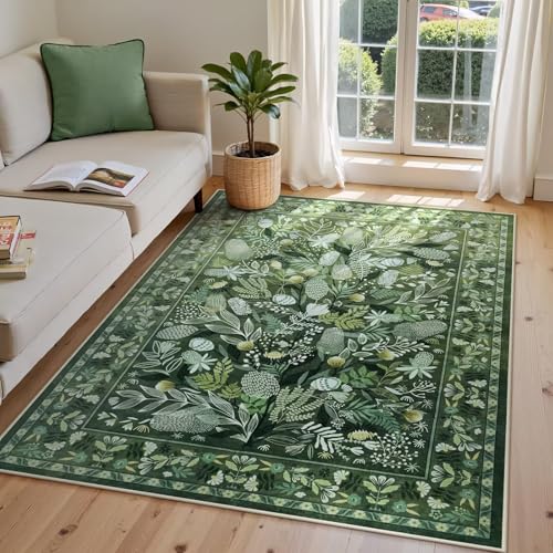 RUGMRZ Anti Rutsch Weicher Teppich 200x300cm,Grün Teppich Groß,Pflanzenmuster für Terrasse,Esstisch,Vorzimmer von RUGMRZ