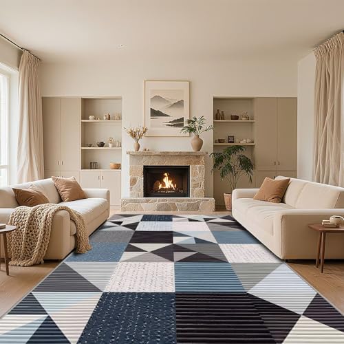 RUGMRZ Antirutsch Teppich Wohnzimmer Modern Blau 200x300cm,Geometrische Muster Waschbar In Waschmaschine für Schlafzimmer,Balkon,Wohn von RUGMRZ