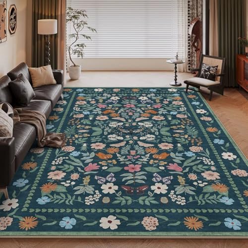 RUGMRZ Büroteppich Blau 2 160x230cm,Waschbar in Waschmaschine,Vintage Blumenmuster für Jungen Jugendzimmer,Kindermädchen,Bettumrandung von RUGMRZ