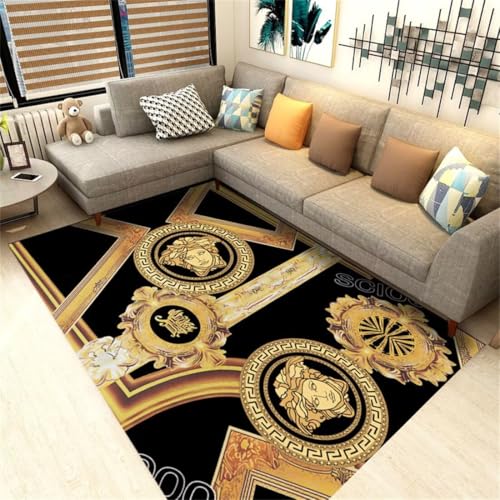 RUGMRZ Designer Teppich 200X300Cm Abwaschbar 45 Schwarz Retro Goldenes Rechteckiges Rutschfestes Wohnzimmer Klassisch Gelb Flauschiger Kurzflor Kinder Mädchen von RUGMRZ