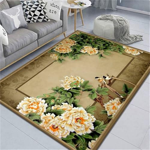 RUGMRZ Designer Teppich Wohnzimmer Fussmatte Innen Grüne Blätter gelbes Blumenmuster Design schmutzabweisend Teppich Vorleger 70x200cm von RUGMRZ