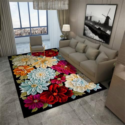 RUGMRZ Large Square Floor Cushions VelvetAnti Rutsch Teppich teppiche groß für Wohnzimmer 160x220CM Muster rotBlauer 3D-Blumenteppich. Auslegware Teppichboden von RUGMRZ
