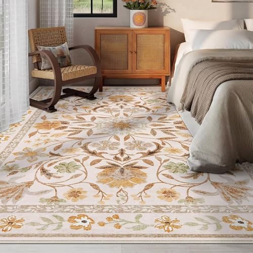 RUGMRZ Pflegeleicht Flur Teppich 160x200cm,Beige,Blumenmuster für Unter Schreibtischstuhl,Gaming Zimmer,Terassenaussen von RUGMRZ