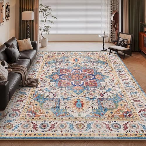 RUGMRZ Rutschfester Teppich Blau 120x160cm,Pflegeleicht,Retro für Neben Bett,Bettumrandung,Balkon von RUGMRZ