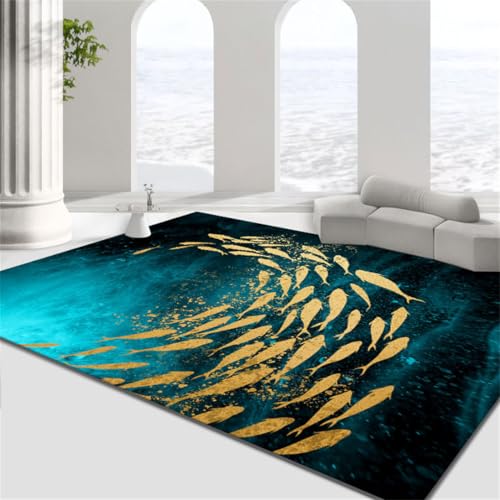 RUGMRZ Teppich Flur Läufer 200X300Cm Für Kinder 39 Grün Einfacher Haushalt Rechteckiger Abstrakter Fisch Schule Gold Antirutsch Wohnzimmer Waschbar In Waschmaschine von RUGMRZ