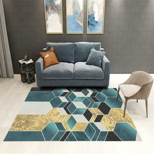 RUGMRZ Schlafzimmer TeppichOutdoor Teppich Groß schmutzfangmatte waschbar 100x160CM XXL BlauSchwarzer, gelber geometrischer Teppich. Wohnzimmers Teppichs von RUGMRZ