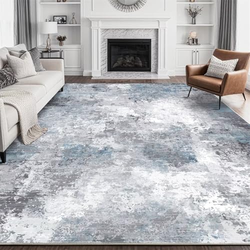 RUGMRZ Teppana Waschbar Teppiche Wohnzimmer Bleu gris 80x200CM, Schmutzfangmatten Encre de Chine abstraite for Schreibtischstuhl Couch Flurmöbel von RUGMRZ