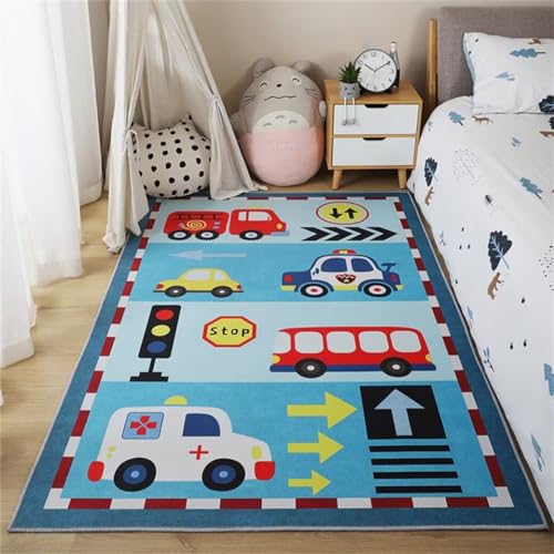 RUGMRZ Teppich Für Schlafzimmer Waschbarer Kinderzimmerteppich mit Spielzeugauto-Muster 150x200CM Esstisch Groß Teppich Für Schlafzimmer Blau Teppich Designer von RUGMRZ