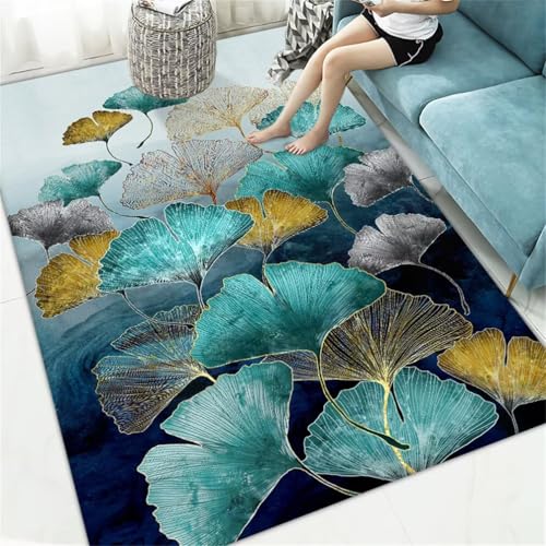 RUGMRZ Teppich Jugendzimmer Jungen Esszimmer Vorleger 160x200CM eingangsbereich innen Couch Wohnzimmer blau Gelber und Grauer Blätterteppich XXL kinderzimmer teppiche von RUGMRZ