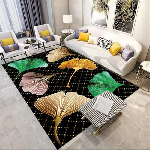 RUGMRZ Teppich Jugendzimmer Jungen Waschbare 160x200CM Zimmer Teppichen Schlafzimmer Nachttisch Tschwarz Grüner Goldener Blätterteppich Couch Wohnzimmer Teppiche von RUGMRZ