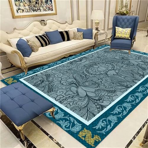 RUGMRZ Teppich Schlafzimmer Blauer Teppich, Wohnzimmerzubehör, Blumendekoration mit Bordüre, Antifouling und Verformung Kurzflor Teppich 90X190cm von RUGMRZ