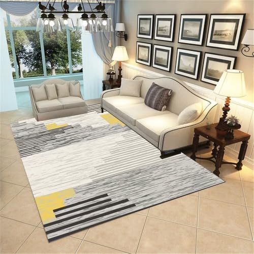 RUGMRZ Teppich Wohnzimmer KurzflorTeppich Für Terrasse Couch 150x200CM Kleiner GrauGelber moderner gestreifter schmutzfangmatte waschbar von RUGMRZ