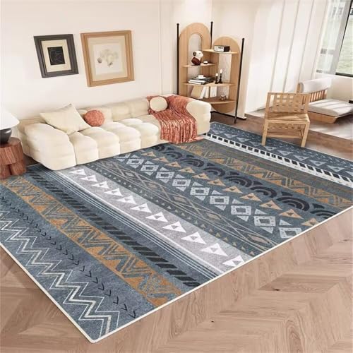 RUGMRZ Teppich Zuschneidbar 100x160CM arbeitszimmer bodenmatte kinderzimmer Blau Grauer, Retro-geometrischer Teppich. Bett Boden von RUGMRZ