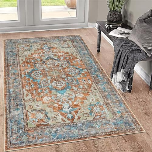 RUGMRZ Waschbar In Waschmaschine Kinderzimmerteppich Bleu 140x200CM, Flore rétro for Leseecke Kinderzimmer Mädchen Ankleidezimmer von RUGMRZ