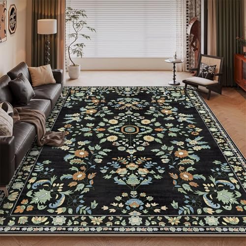 RUGMRZ Waschbar In Waschmaschine Schlafzimmer Teppich Noir 140x200CM, Flore Moderne for Kinderzimmere Boden Schreibtisch von RUGMRZ