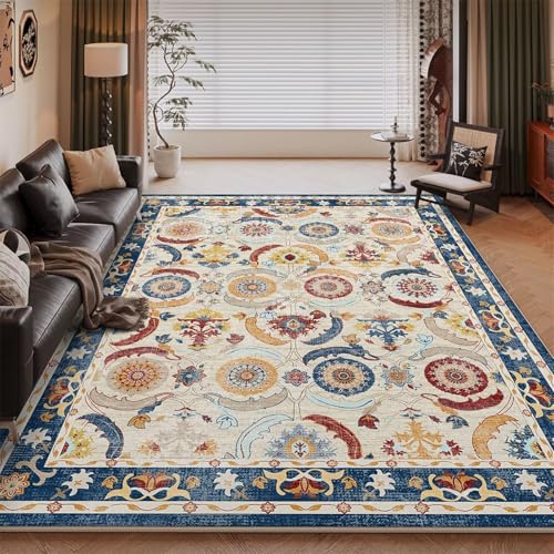 RUGMRZ Waschbar In Waschmaschine Tepich Bleu 140x200CM, Floral rétro for Terrasse Esstisch Jungs von RUGMRZ