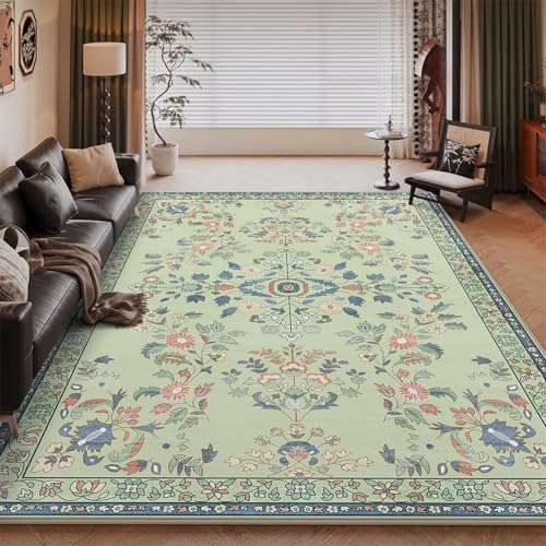 RUGMRZ Waschbar In Waschmaschine Teppich Flach Vert 140x200CM, Flore Moderne for Deko Schlafzimmer Aesthetic Bettumrandung Boden von RUGMRZ