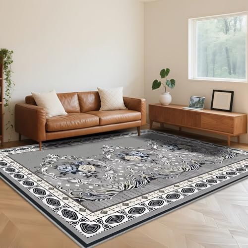 RUGMRZ Waschbar In Waschmaschine Teppich Läufer Flur 90X190cm,rutschfest Blumenmuster Graufür Schlafzimmer,Esstisch,Balkon von RUGMRZ