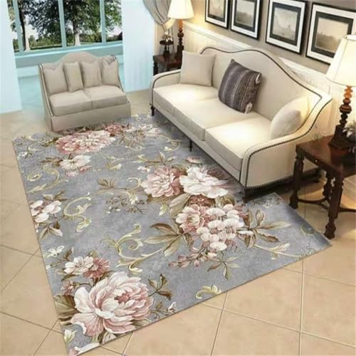 RUGMRZ Waschbar In Waschmaschine Teppich Pflegeleicht grau rosa 60x90cm, Aesthetic Türvorleger Pastorales Blumenmuster für Wohnzimmer Mädchenzimmer von RUGMRZ