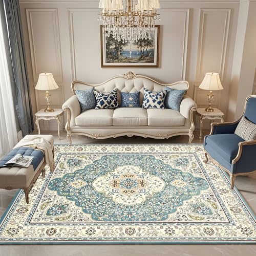 RUGMRZ Waschbar In Waschmaschine Teppich Wohnzimmer Groß Blau 200x300cm,Klassische Blumen Kurzflor für Jungen Jugendzimmer,Terrasse,Küche von RUGMRZ
