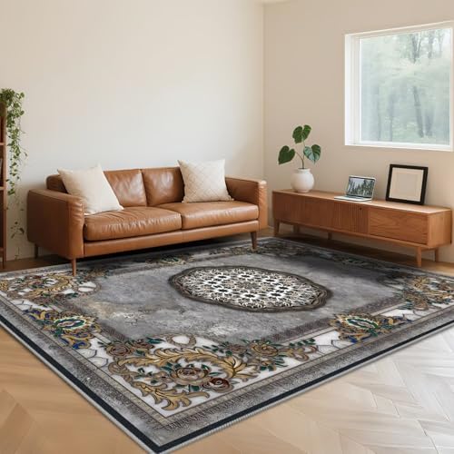 RUGMRZ Waschbar In Waschmaschine Teppich Wohnzimmer Vintage 180X250cm,Kurzflor Retro-Design Graufür Schlafzimmer,Esstisch,Balkon von RUGMRZ