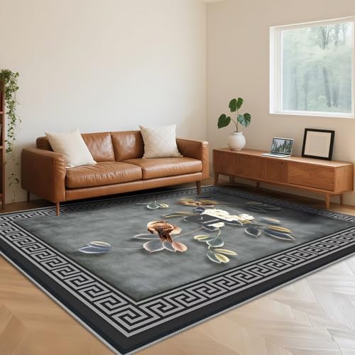 RUGMRZ Waschbar In Waschmaschine Teppich Wohnzimmer Vintage 180X250cm,Pflegeleicht Blumenmuster Graufür Schlafzimmer,Esstisch,Balkon von RUGMRZ