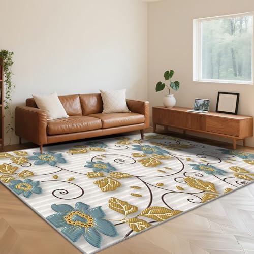 RUGMRZ Waschbar In Waschmaschine Teppiche Wohnzimmer 120X180cm,Weich Blumenmuster Blaufür Schlafzimmer,Terassenaussen,Wohn von RUGMRZ