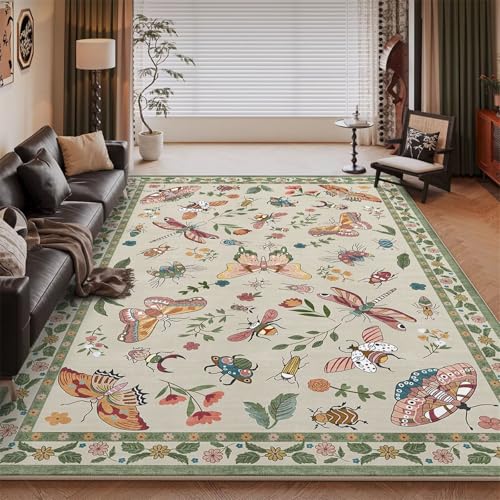 RUGMRZ Waschbar In Waschmaschine Teppiche Wohnzimmer Vert 140x200CM, Flore Moderne for Jugendzimmer Deko Mädchen Schreibtisch Fliesen von RUGMRZ