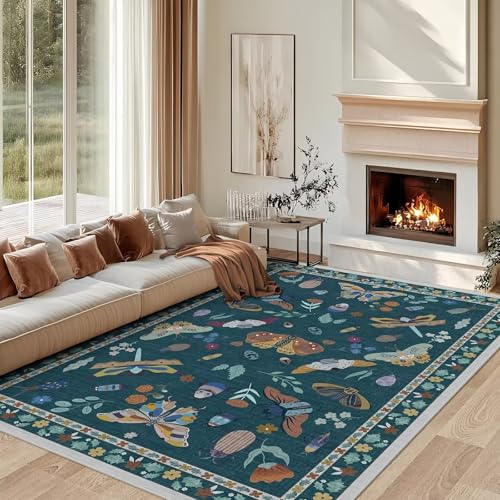 RUGMRZ Waschbar In Waschmaschine Vintage Teppich Dunkelblau 160x230cm,Schmetterlingsdruck rutschfest,Flach für Wohnzimmer,Büro,Balkon von RUGMRZ