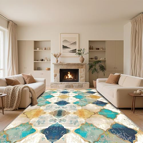 RUGMRZ Waschbar Teppich Klein Blau 60x90cm,Geometrische Gitter Pflegeleicht für Innen,Unter Schreibtisch,Flur von RUGMRZ