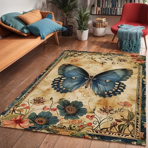 RUGMRZ Waschbar Teppich Waschbar rutschfest 80x160cm,Braun Fußmatte,Schmetterlingsmuster für Esszimmer,Flur,Wohnzimmer von RUGMRZ