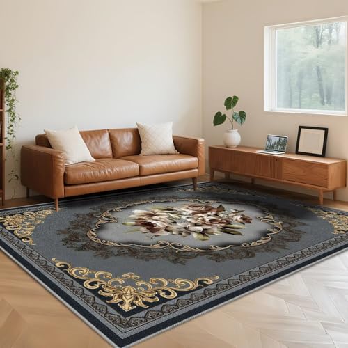 RUGMRZ Waschbar Teppich Wohnzimmer Groß Vintage 200X250cm,Kurzflor Blumenmuster Graufür Schlafzimmer,Esstisch,Balkon von RUGMRZ