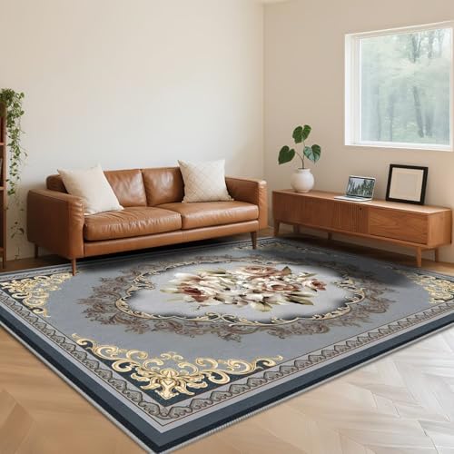 RUGMRZ Waschbar Teppich Wohnzimmer Vintage 140X200cm,Weich,Flach Blumenmuster Graufür Schlafzimmer,Esstisch,Balkon von RUGMRZ