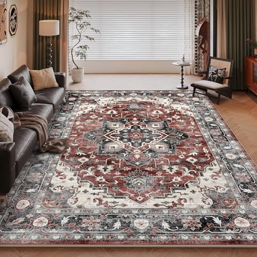 RUGMRZ Waschbar Teppich Wohnzimmer Vintage 160x200cm,Rot,Klassische Geometrische Blumen für Mädchen Kinderzimmer,Unter Schreibtischstuhl,Bettumrandung RUGMRZ Waschbar Teppich Wohnzimmer Vintage 160x200cm,Rot,Klassische Geometrische Blumen für Mädchen Kinderzimmer,Unter Schreibtischstuhl,Bettumrandung von RUGMRZ
