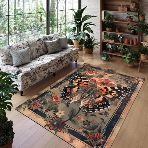RUGMRZ Waschbar Teppiche Gegend 100x160cm,Braun,Schmetterlingsmuster für Unter Schreibtischstuhl,Gaming Zimmer,Terrasse von RUGMRZ
