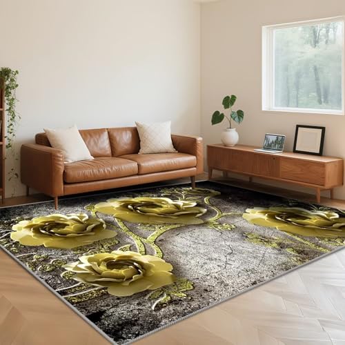 RUGMRZ Waschbar Wohnzimmer Teppich 120X160cm,Pflegeleicht Blumenmuster Goldfür Jugendzimmer,Terrasse,Küche von RUGMRZ