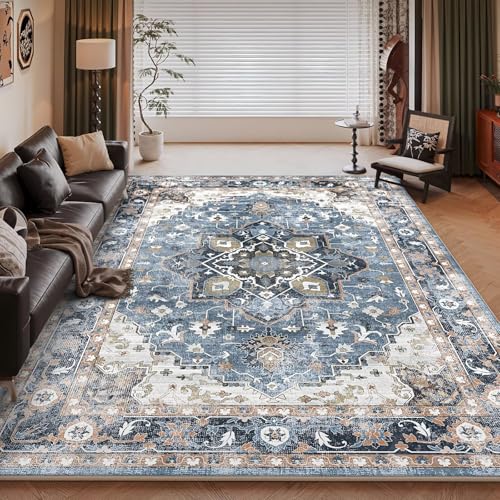 RUGMRZ Waschbar in Waschmaschine Teppich Wohnzimmer Vintage 100x160cm,Dunkelblau,Geometrische Blumen für Tatami,Couchtisch,Jugendzimmer von RUGMRZ